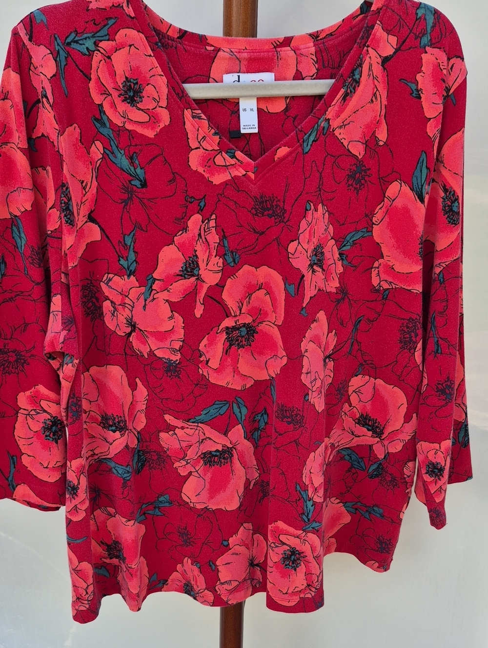 Denim&Co Red Floral V-Neck Long Sleeve Top with Teal Leaf Accents